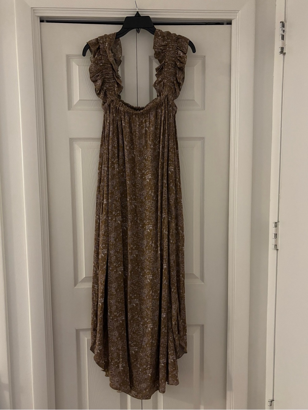 NWT STORY MFG Brown and Gold Ruffled Strap Paisley Maxi Dress - Picture 5 of 12